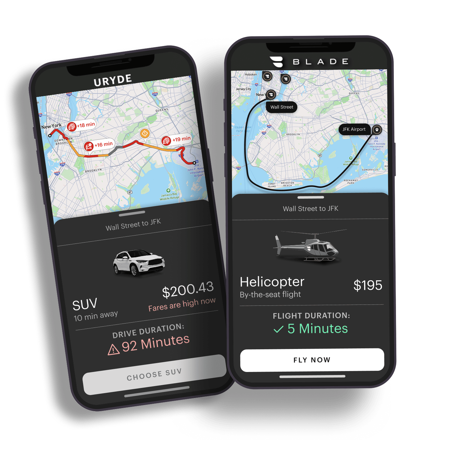 BLADE app vs ride share comparison - 5 minutes vs 92 minutes