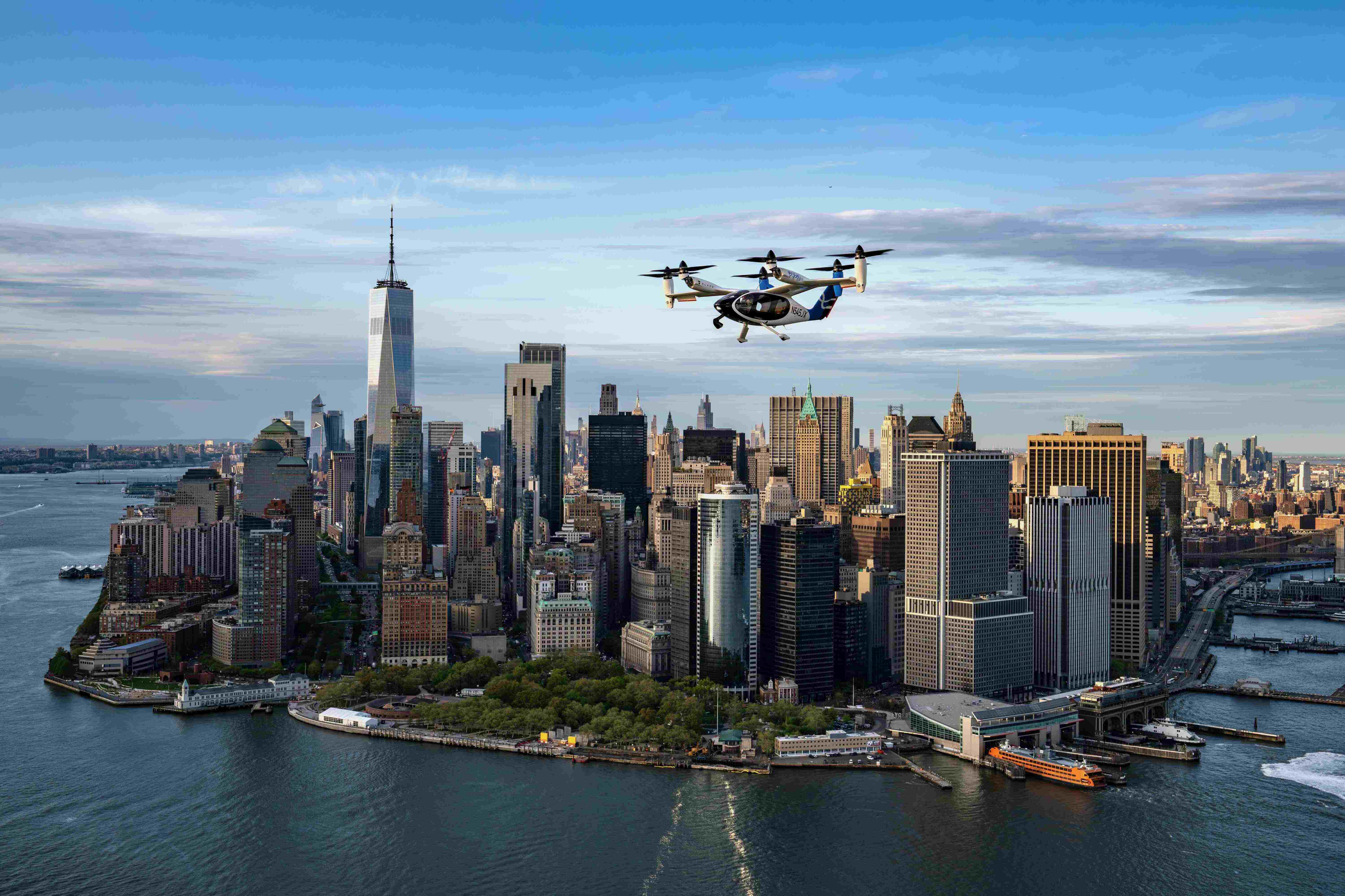 Electric eVTOL air taxi services NYC aircraft with city skyline