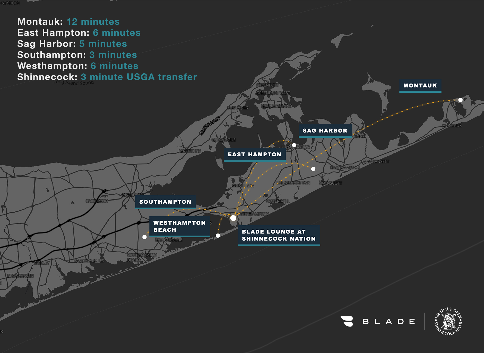 BLADE Hamptons to Shinnecock Hills route map