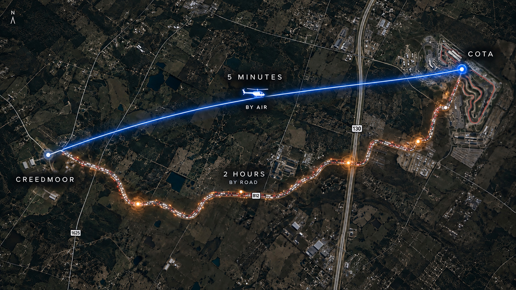 Map comparing the five-minute BLADE flight path from Creedmoor to COTA with the winding road route between them