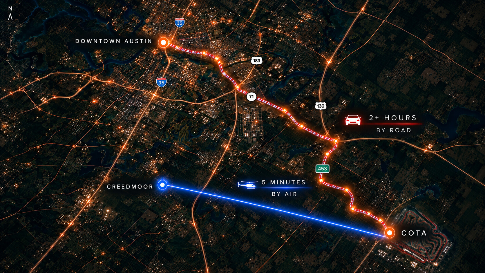 Map comparing the five-minute BLADE flight from Creedmoor to COTA with the two-hour-plus drive by road