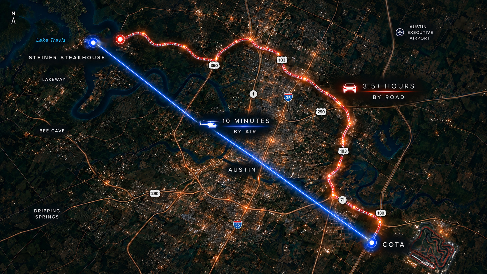 Map comparing the ten-minute BLADE flight from Steiner Steakhouse to COTA with the three-and-a-half-hour drive by road